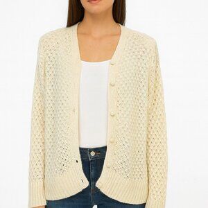 LL Bean Knit Cardigan Size Large Angora Wool Popcorn Bobble Ivory Cottage Preppy
